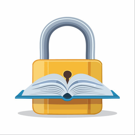 An open book rests before a sturdy padlock, symbolizing the concept of protected knowledge or the key to unlocking secrets.のイラスト素材