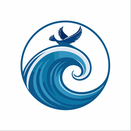 A symbol of hope and new beginnings, a graceful dove takes flight from the crest of a powerful, stylized ocean wave.のイラスト素材