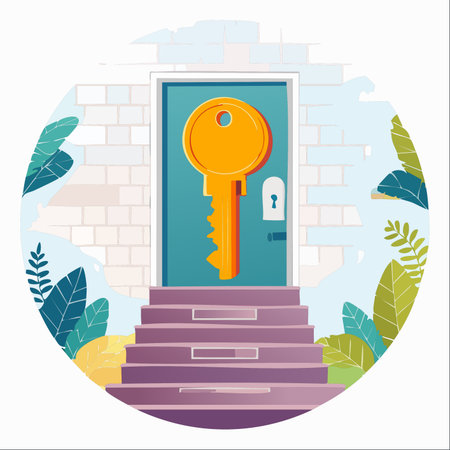 Ascend the steps of progress towards a new chapter. A large golden key awaits, symbolizing the solution and access to future success, new opportunities, and personal growth.のイラスト素材