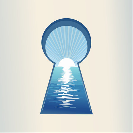 A view through a keyhole reveals a tranquil ocean scene with a bright sun rising on the horizon.のイラスト素材
