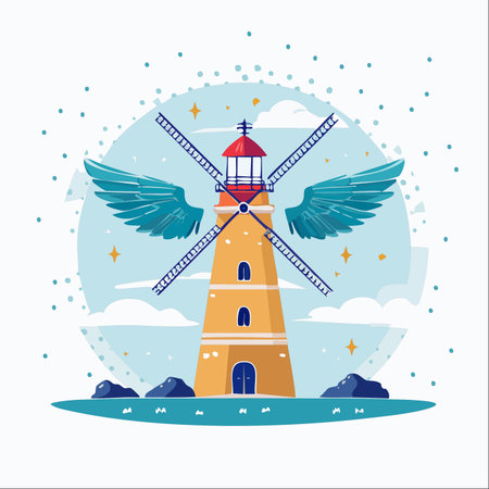 A fantastical illustration of a traditional windmill given the gift of flight with majestic teal wings.のイラスト素材