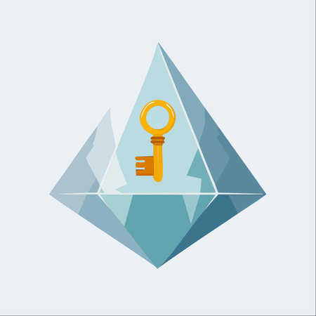 A single golden key is perfectly preserved within a multifaceted, clear crystal.のイラスト素材