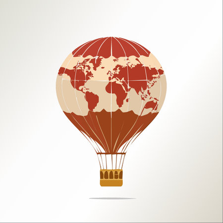 Embark on a global journey with this stylized hot air balloon featuring a vintage world map.のイラスト素材