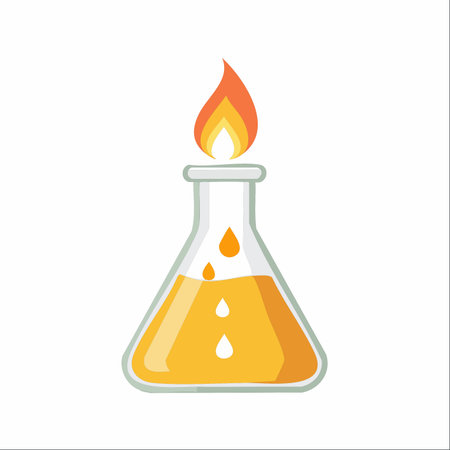 A dynamic illustration of a scientific experiment where a volatile chemical reaction occurs within a glass flask, producing a vibrant flame.のイラスト素材