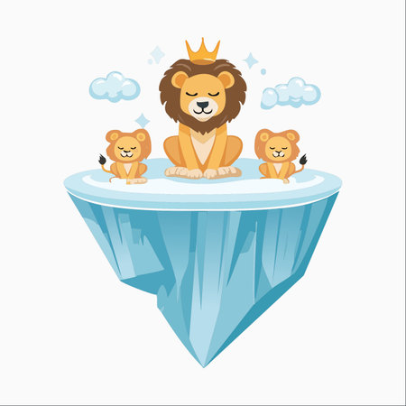 A serene illustration of a majestic lion king with a crown and his two adorable cubs, all resting peacefully on a massive floating iceberg.のイラスト素材