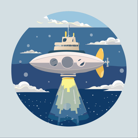 A fantastical, retro-futuristic vessel hovers between the starry depths of the ocean and a calm night sky.のイラスト素材