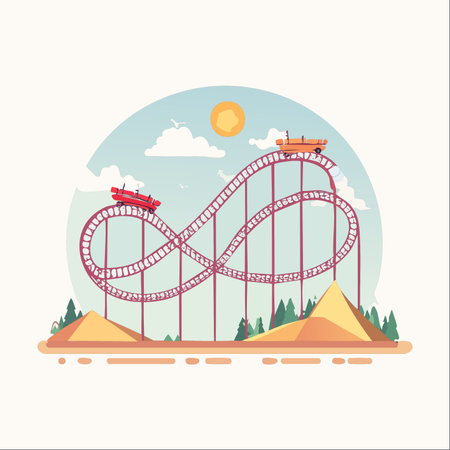 Two coaster cars climb and descend the thrilling twists and turns of a figure-eight track under a bright summer sun.のイラスト素材