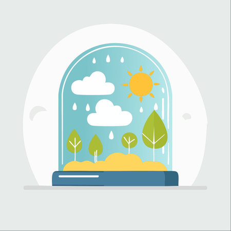 A self-contained world thrives under a protective glass cloche. Sun, clouds, and rain coexist in a perfect, miniature water cycle, nurturing the small forest below.のイラスト素材