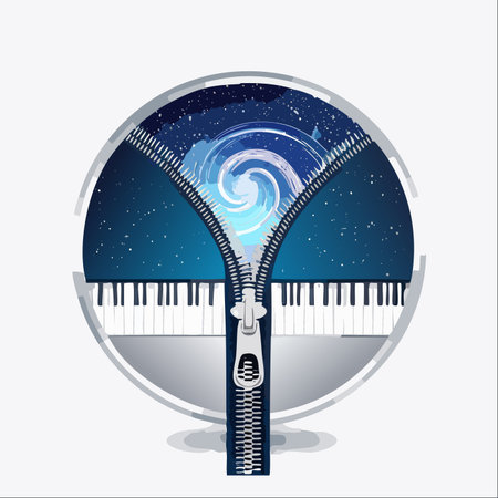 A conceptual illustration where a zipper, with its teeth made of piano keys, unzips to reveal a swirling, starry cosmos.のイラスト素材