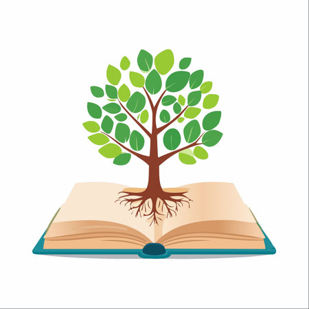 An open book serves as fertile ground for a vibrant tree of knowledge, its roots digging deep into the pages.のイラスト素材