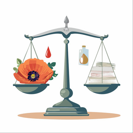 A conceptual illustration depicting a balance scale weighing a poppy flower against a stack of documents.のイラスト素材