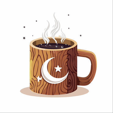 A charming illustration of a rustic wooden mug filled with a steaming hot beverage.のイラスト素材
