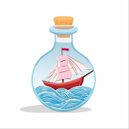 A beautifully crafted miniature sailing ship with pink sails navigates stylized blue waves, all captured within the confines of a clear glass bottle.のイラスト素材