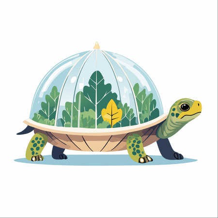 A charming illustration of a gentle turtle carrying a vibrant forest ecosystem on its back, enclosed within a glass terrarium shell.のイラスト素材