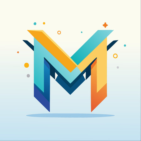 A dynamic and colorful letter M logo bursts with energy, featuring sharp geometric shapes and a modern 3D effect.のイラスト素材