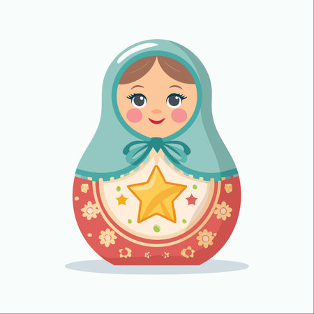 A charming illustration of a traditional Russian matryoshka doll, decorated with a bright yellow star and delicate floral patterns.のイラスト素材