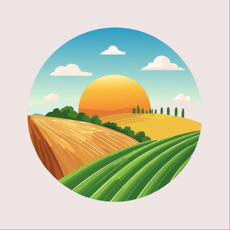 A stylized vector illustration captures the serene beauty of a rural landscape at dawn.のイラスト素材