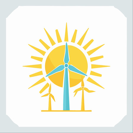 A bright, stylized sun shines behind a trio of wind turbines, symbolizing the powerful combination...