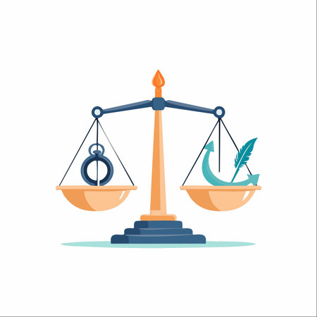 A conceptual illustration of a scale perfectly balancing a heavy shackle against a light quill and arrow, symbolizing the choice between commitment and freedom, or tradition and creative progress.のイラスト素材
