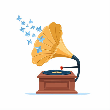 An antique gramophone plays a magical tune, releasing a cascade of delicate blue flowers instead of sound.のイラスト素材