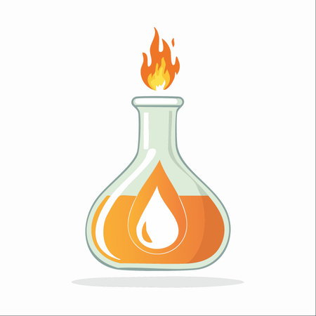 A stylized illustration of a laboratory flask containing a volatile orange liquid, symbolized by a drop icon.のイラスト素材
