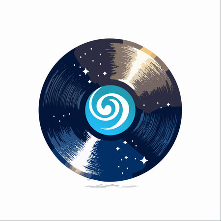 A vinyl record spins with the sound of the cosmos. Its grooves hold not just music, but the swirling nebulae and distant stars of a vast galaxy, centered by a powerful spiral of creative energy.のイラスト素材