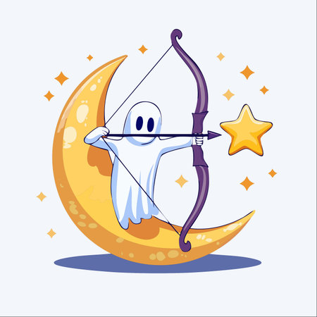 A cute ghost, perched on a crescent moon, takes aim with its bow and arrow.のイラスト素材