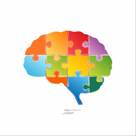 A creative concept showing the human brain as a vibrant, multi-colored puzzle. Each piece represents a different function, thought, or memory, coming together to form a complete consciousness.のイラスト素材