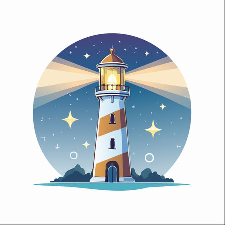 A charming vector illustration of a lighthouse standing tall against a magical, starry night sky.のイラスト素材