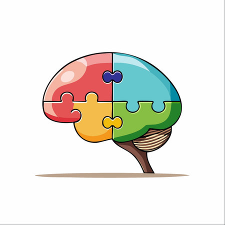 An illustration of a human brain composed of four colorful, interlocking jigsaw puzzle pieces.のイラスト素材