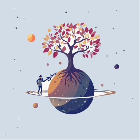 A surreal illustration of a lone caretaker maintaining the delicate balance of a tiny, living planet.のイラスト素材