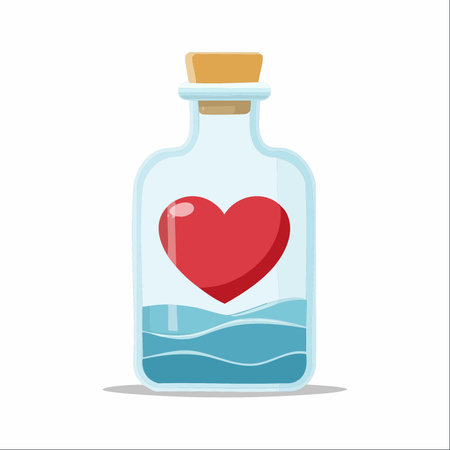 A symbol of love, a red heart is carefully preserved inside a glass bottle, floating above a swirling blue liquid.のイラスト素材
