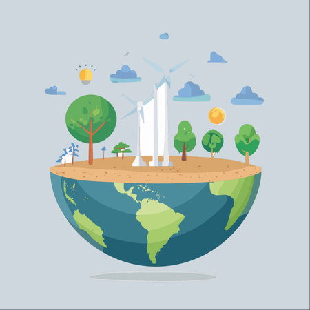 A vision of a sustainable future unfolds on a stylized half-globe.のイラスト素材