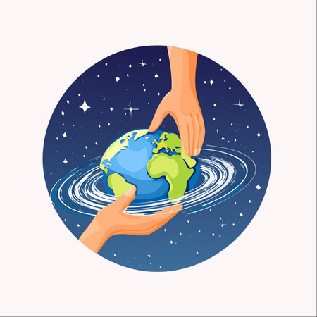 Two hands gently cradle Planet Earth against a starry cosmos, symbolizing humanity's collective responsibility to protect and nurture our world.のイラスト素材