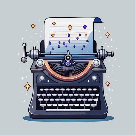 An enchanted vintage typewriter brings stories to life, not with ink, but with sparkling gems and shining stars.のイラスト素材