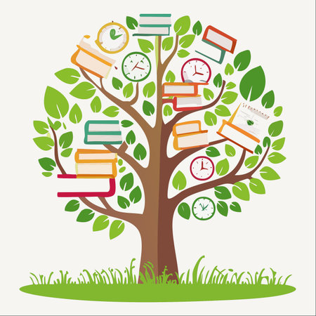 An illustration of a vibrant tree where books and clocks grow alongside leaves, symbolizing the relationship between time, knowledge, and personal growth.のイラスト素材