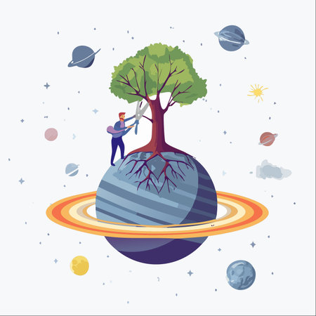 A surreal illustration of a man acting as a cosmic gardener, standing on a small, ringed planet and carefully pruning a large tree that grows from its core.のイラスト素材