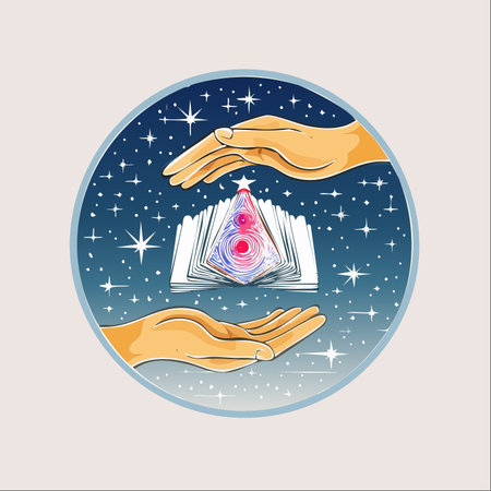 In the vast expanse of the cosmos, gentle hands protect a sacred book.のイラスト素材