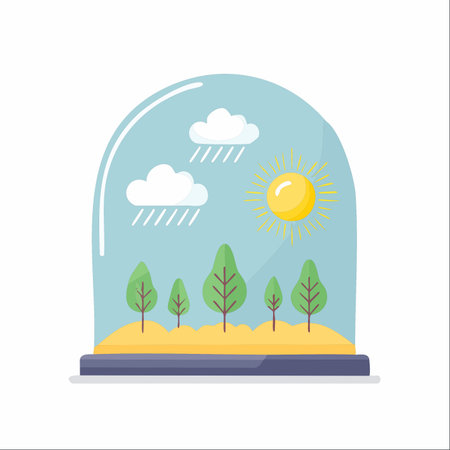 A miniature landscape with trees thrives within a protective glass dome, where a complete weather cycle of sun and rain coexists.のイラスト素材