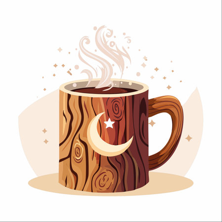 A whimsical wooden mug filled with a steaming hot beverage, perfect for a cozy evening.のイラスト素材