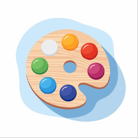 A wooden artist's palette holds a vibrant selection of paints, ready for a creative masterpiece.のイラスト素材