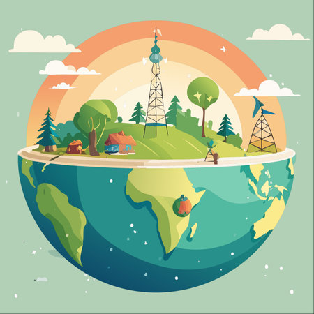 An illustrative vision of a connected world where technology and nature coexist peacefully.のイラスト素材