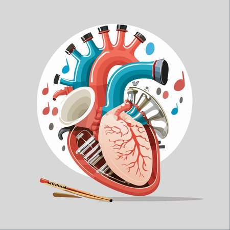 A surreal illustration where the human heart is intricately fused with brass instruments, beating to a rhythm of life and melody.のイラスト素材