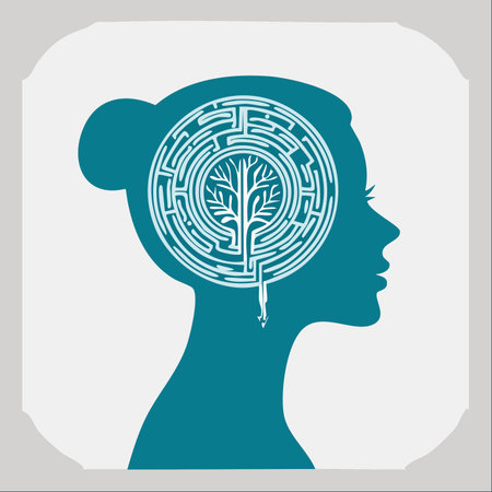 A conceptual illustration depicting the complex inner world of a woman. Her silhouette contains a circular labyrinth, symbolizing the intricate pathways of thought and emotion.のイラスト素材
