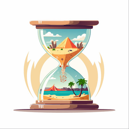 A conceptual illustration of an hourglass where the sands of an ancient desert pyramid fall to create a vibrant tropical beach paradise.のイラスト素材