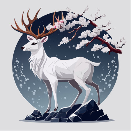 A majestic white stag, a symbol of purity and grace, stands proudly on a rocky outcrop.のイラスト素材