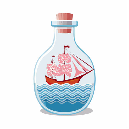 An imaginative illustration depicting a ship sailing on waves within a glass bottle.のイラスト素材