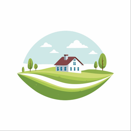 A charming white house with a red roof sits peacefully atop rolling green hills under a calm sky.のイラスト素材