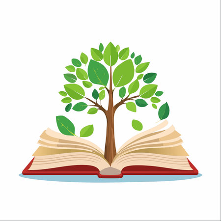 An open book sprouts a vibrant tree, symbolizing the growth of knowledge, wisdom, and imagination that comes from reading and education.のイラスト素材