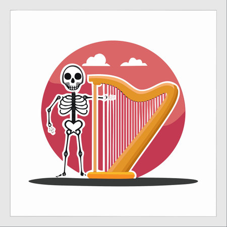 A funny skeleton character, a musician in the afterlife, stands beside his magnificent golden harp.のイラスト素材